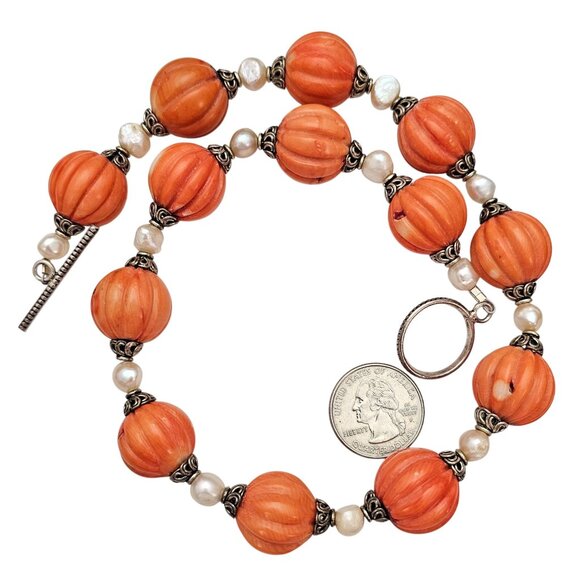 Sterling Silver Pumpkin Coral Baroque Pearl Strand Necklace, 20" Long - Picture 6 of 9